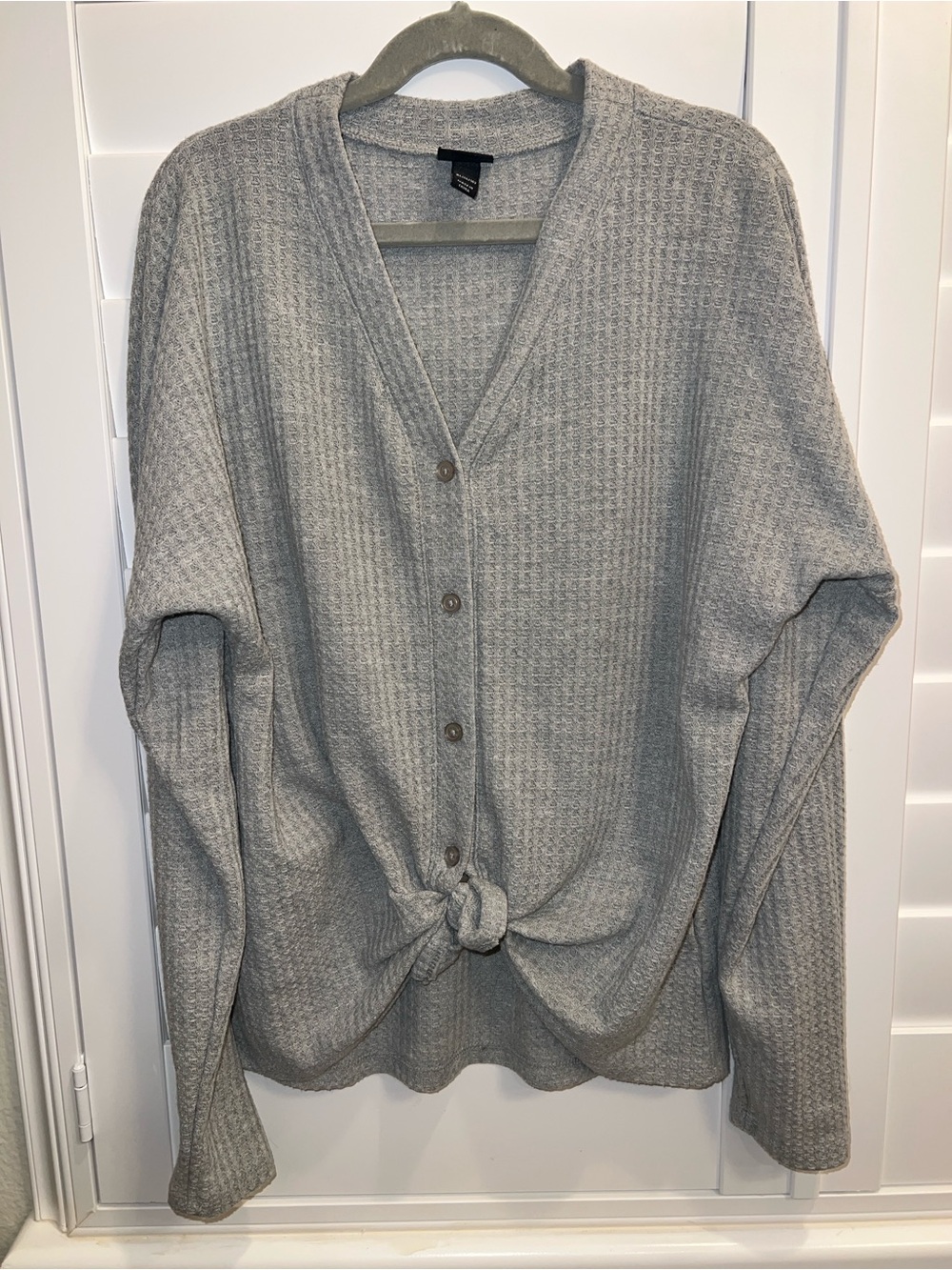 Light Gray Waffle-Knit Button Front Women's Sweater